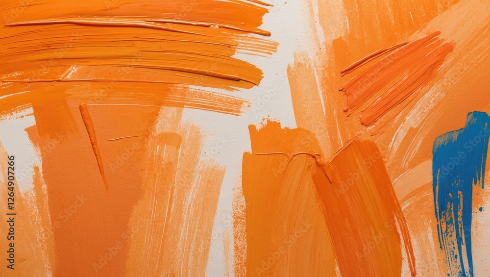 Poster close-up of textured abstract orange paint strokes on canvas with a few blue accents and empty backg