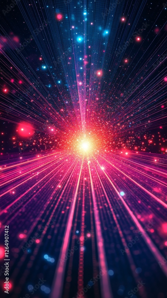 Poster american game-style abstract background with neon effect, featuring symmetrical mosaic lattice desig