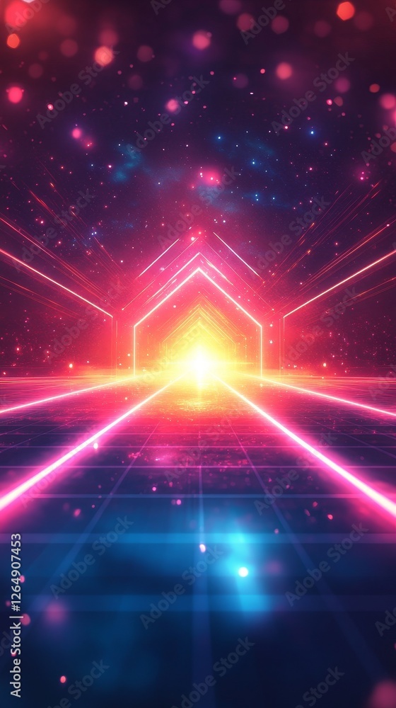Poster american game-style abstract background with neon effect, featuring symmetrical mosaic lattice desig
