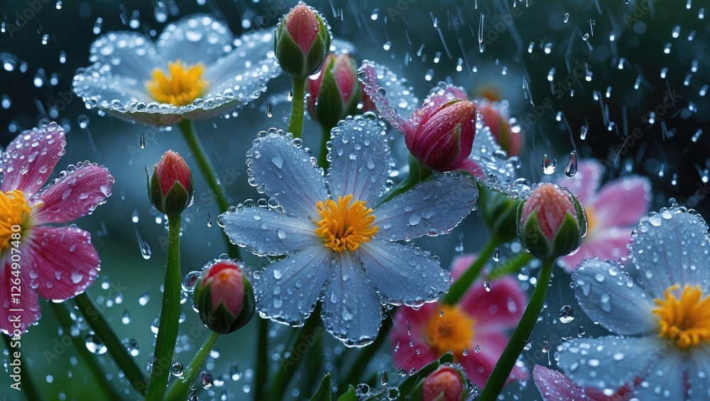 Aufkleber colorful flowers with raindrops on petals in a lush garden setting with a blurred background and sof