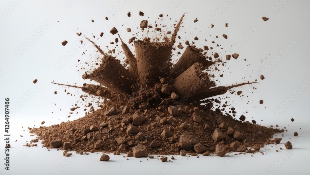 Poster brown powder explosion creating scattered debris and dust against a white background with ample copy