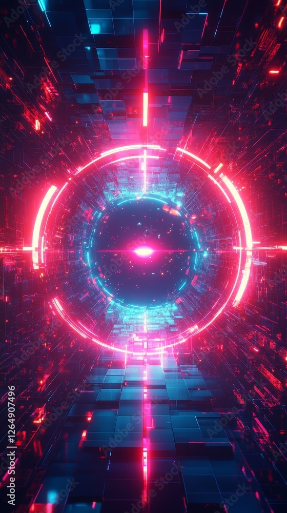 Poster american game-style abstract background with neon effect, featuring symmetrical mosaic lattice desig