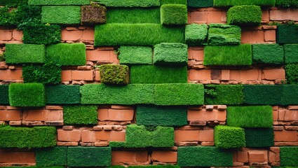 Textured wall design with green grass patches and brick background showcasing modern vertical garden concept with Copy Space