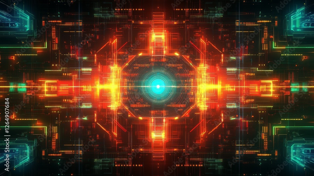 Poster american game-style abstract background with neon effect, featuring symmetrical mosaic lattice desig