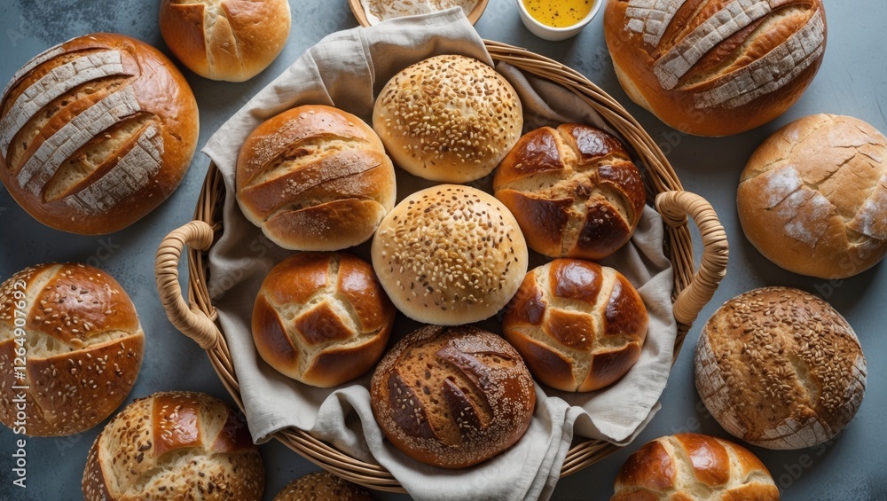 Poster assorted fresh baked bread rolls in a wicker basket with copy space for your text