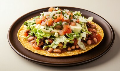 Crispy tostadas topped with beans, cheese, and fresh salsa on a dark plate