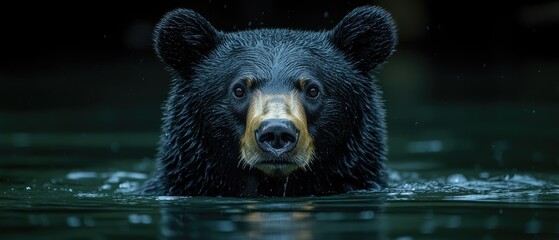 A bear swimming in dark water, creating ripples around it.