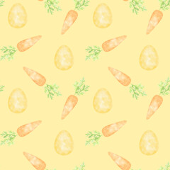 carrot, Easter eggs. Seamless watercolor pattern in pastel colors. Cute spring illustration for Easter