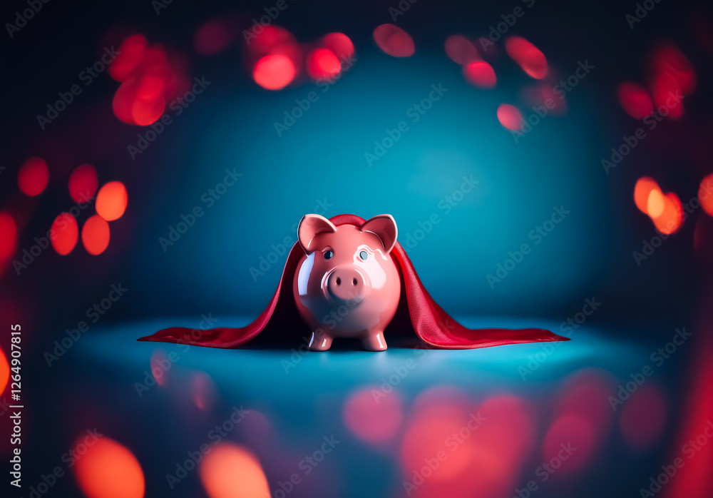 Poster pink piggy bank wears a red cape, positioned centrally against a blue backdrop with diffused red bok