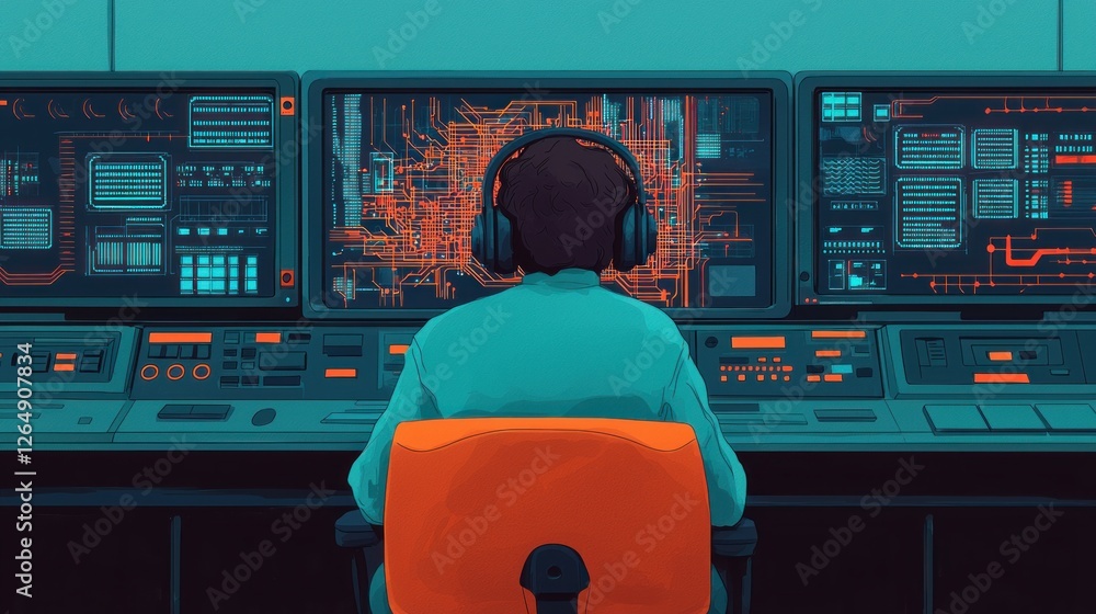 Aufkleber Person in Headphones Analyzing Data on Multiple Computer Screens in a Modern Control Room Setting
