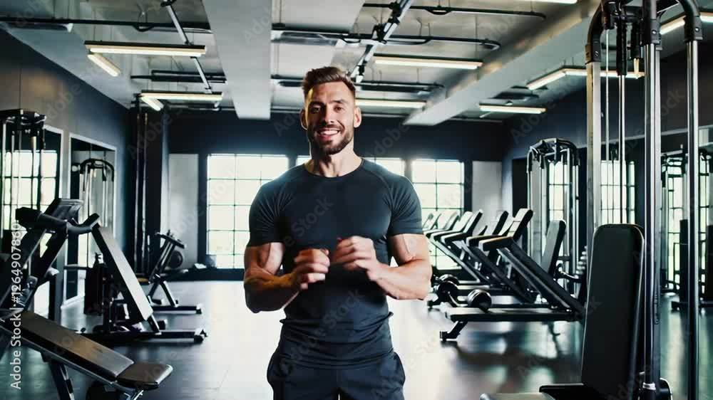 Poster Muscular fitness trainer explaining workout techniques while demonstrating strength exercises in modern gym environment, captured with dynamic slow motion cinematography