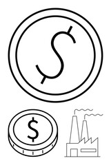 Outline of coins with dollar sign and factory emitting smoke. Ideal for finance, industry, economy, growth, production, wealth creation, investment, abstract line flat metaphor