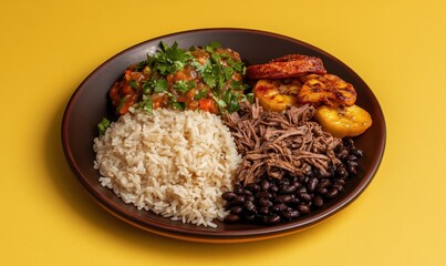 Delicious pabellon criollo with shredded beef, rice, and plantains on a plate