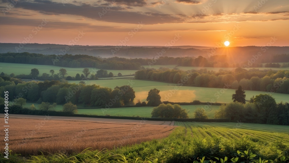 Poster sunset over lush green countryside with undulating fields and trees under a colorful sky illuminated