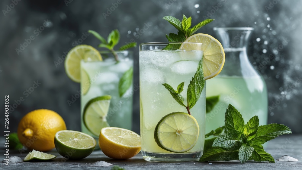 Poster fresh limeade beverage with mint garnish served in glasses with lemon slices and ice on a dark textu