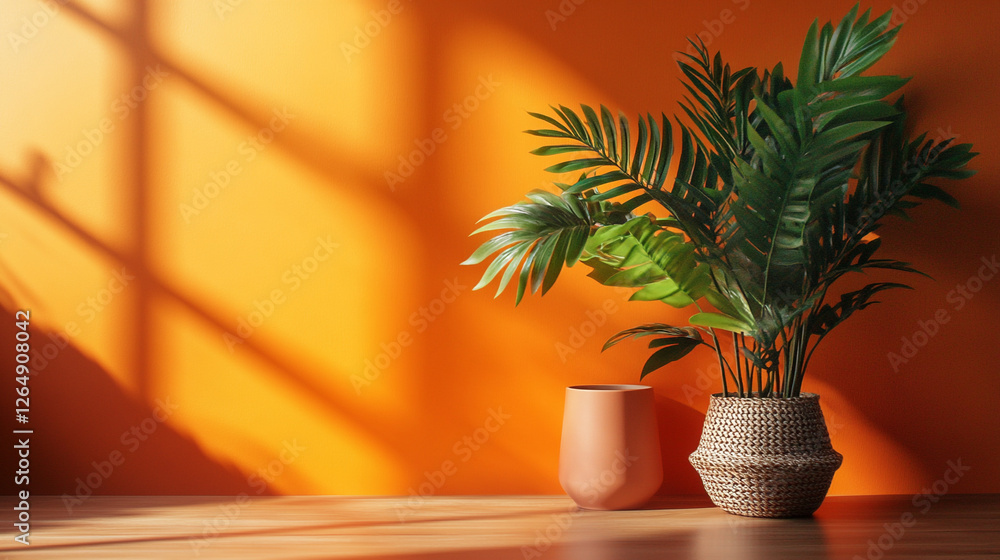 Sticker Indoor greenery thrives against an orange wall, casting shadows for a vibrant, sun-kissed ambiance.  Neutral vases add elegance.