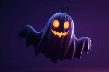 Naklejka premium whimsical 3d pumpkin ghost character with glowing eyes, floating mysteriously against deep purple gradient