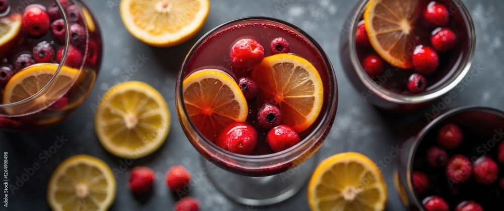 Poster glasses of cranberry and lemon juice with fresh berries and lemon slices on a textured surface with 