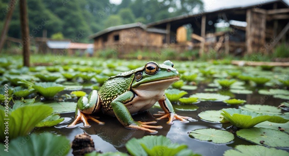 Poster green frog resting on lily pads in tranquil wetland habitat with rustic wooden structures in backgro