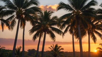 Tropical sunset with silhouettes of palm trees against a colorful sky and clouds copy space