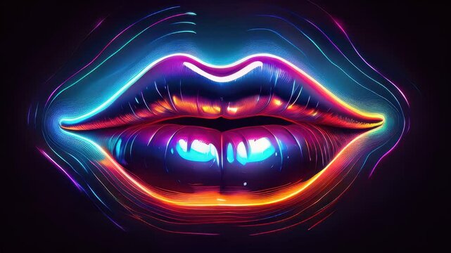 Neon light illuminates  mouth in dark ,futuristic and dramatic effect, music, party, event