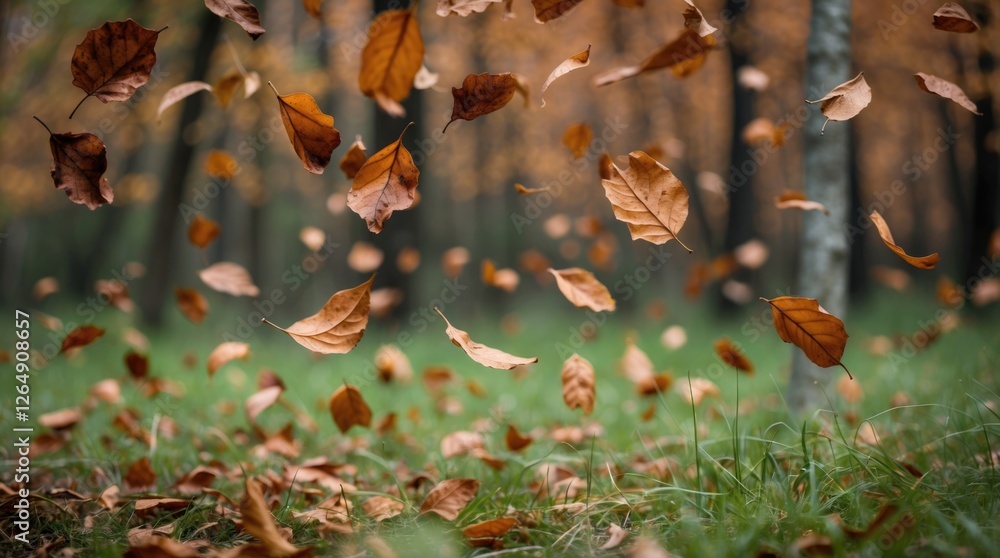 Poster falling autumn leaves in a forest setting with a blurred background capturing seasonal change and na