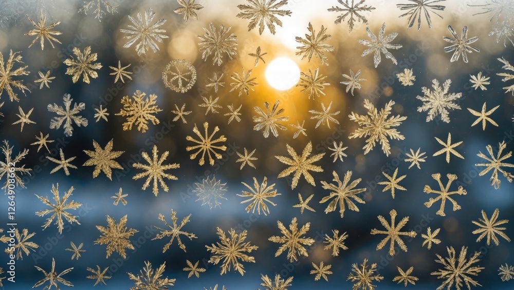 Poster frosted window with intricate ice crystal patterns and a blurred sunset in the background showcasing