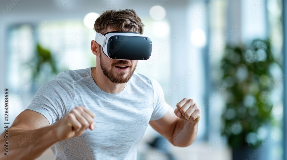 Poster tech savvy man engrossed in an immersive virtual reality fitness workout session using vr headset an