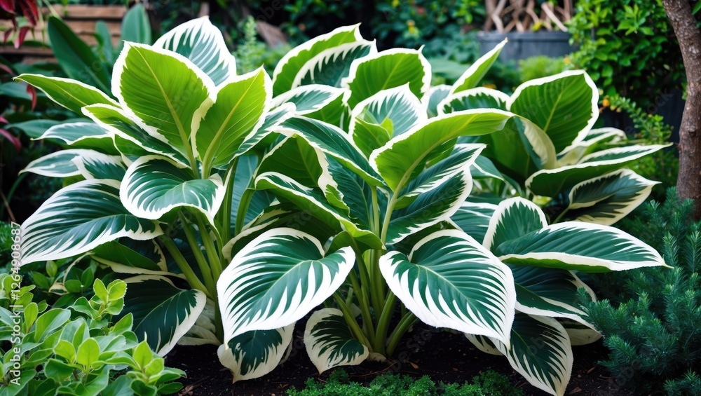 Aufkleber lush green hosta plants with variegated leaves in a vibrant garden setting with soft focus backgroun