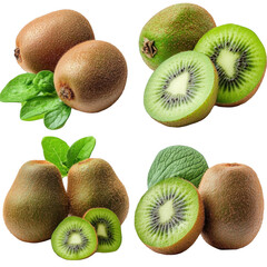 Fototapeta premium Fresh green kiwi fruit with whole and sliced halves. Isolated on white with glossy skin and bright seeds. Signals healthful energy and natural growth. Ideal for nutrition ads, packaging, menus