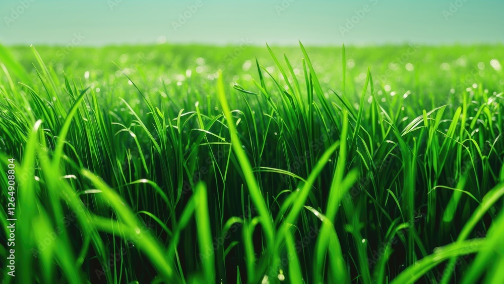 Poster fresh green grass field with dew droplets under clear sky, nature background with vibrant colors and
