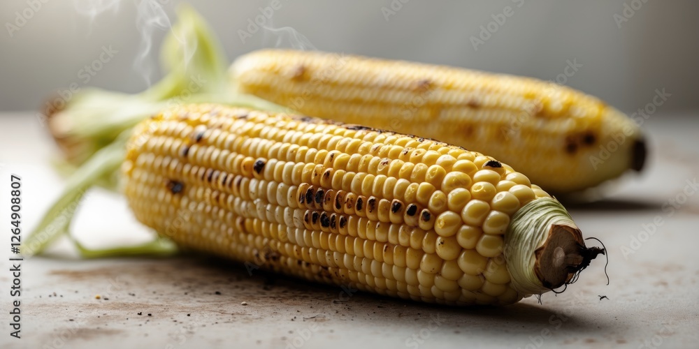Poster grilled corn on the cob with smoky aroma placed on a rustic surface with blurred background and visi