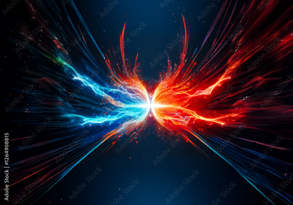 Poster vibrant blue and red energy bursts collide in a dark, deep space, forming a central point of bright,