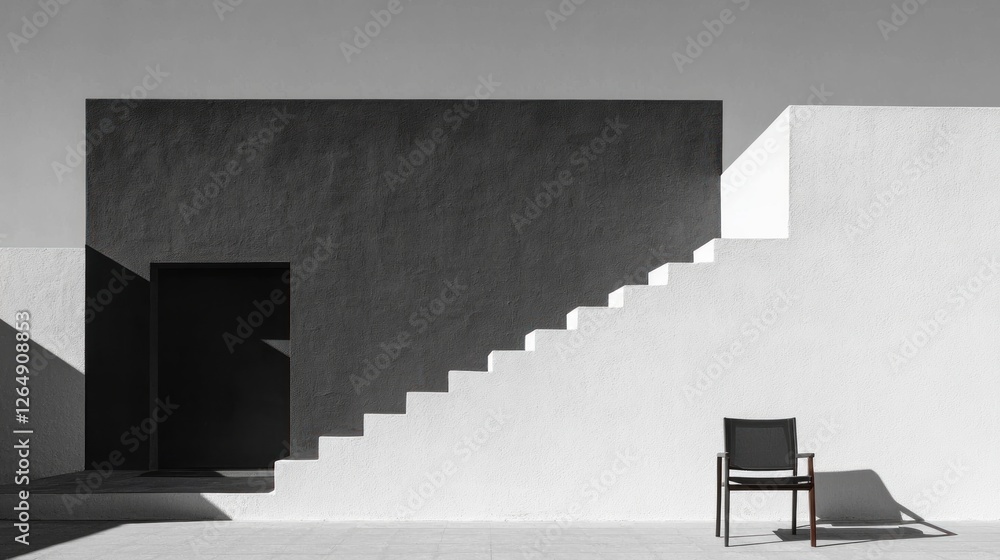 Aufkleber Modern architectural design featuring a black and white staircase with a single chair in minimalistic setting