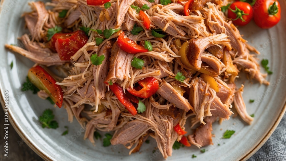 Poster pulled pork served with sliced red bell peppers and garnished with fresh herbs on a plate with rusti