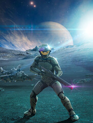 Futuristic soldier with a laser rifle standing on an alien planet ready for action