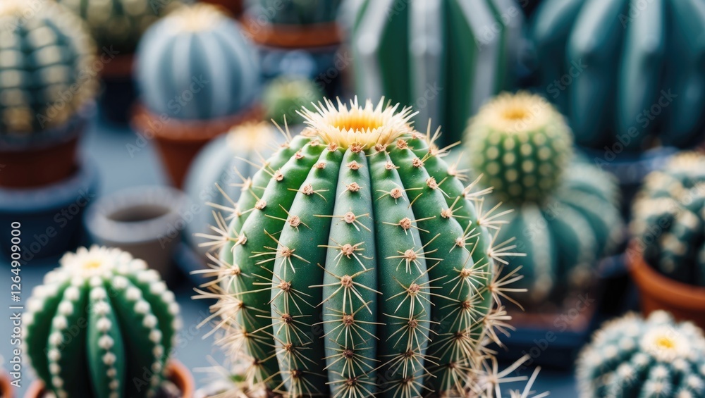 Poster cacti in various sizes and shapes in pots with blurred background botanical display copy space