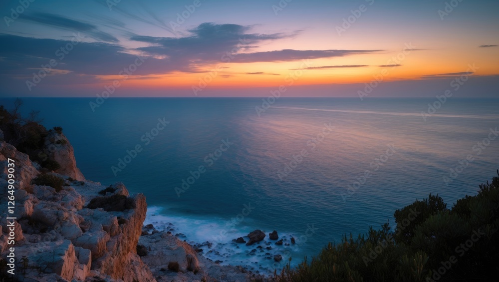 Poster scenic coastal view at sunset with rocky foreground and calm ocean in soft light with colorful sky a