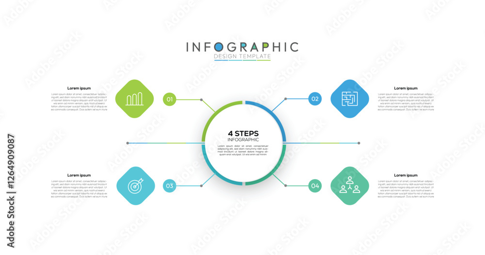 Poster 4 steps infographic four diamond-shaped or rhombus elements are positioned around the central circle