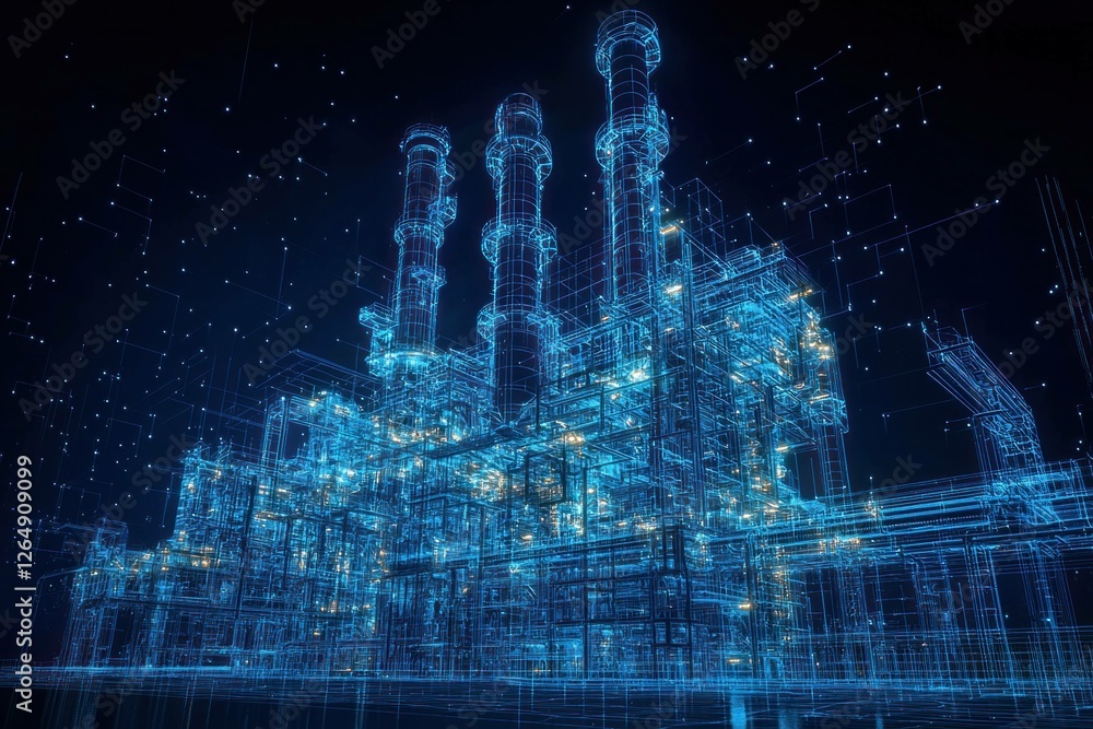 Poster futuristic digital blueprint of a power plant with glowing structures and circuitry, showcasing adva