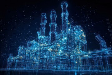 Futuristic digital blueprint of a power plant with glowing structures and circuitry, showcasing advanced technology and innovation in energy production