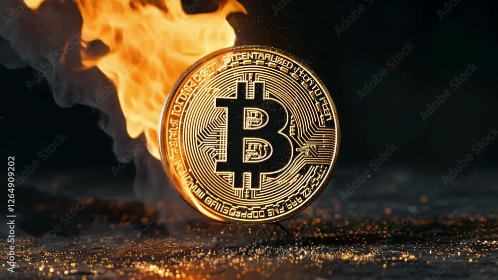Poster dynamic representation of bitcoin igniting in flames showcasing cryptocurrency's volatility and inte