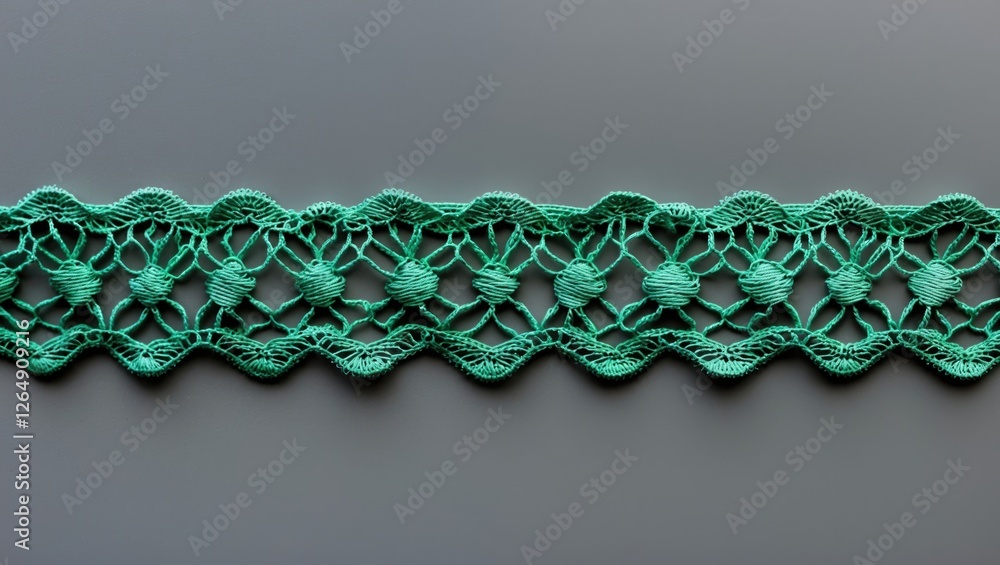 Poster turquoise lace trim with floral and circular design pattern on gray background with copy space