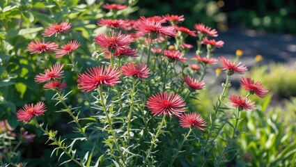 Bright red asters in full bloom surrounded by lush green foliage in a garden setting with natural sunlight Copy Space