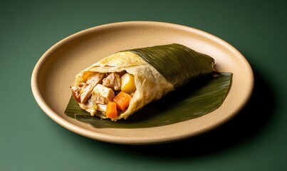 Delicious tamales tolimenses with pork, chicken, and vegetables served on plate