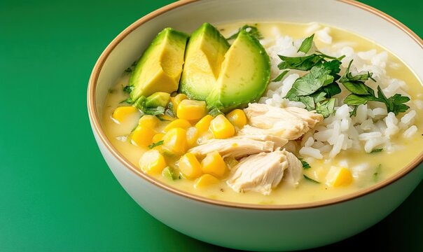 Savory ajiaco soup with chicken, potatoes, corn, rice, and avocado
