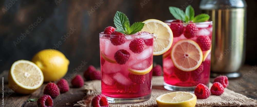 Poster fresh raspberry lemonade drink with mint garnish on wooden background with copy space for text. refr