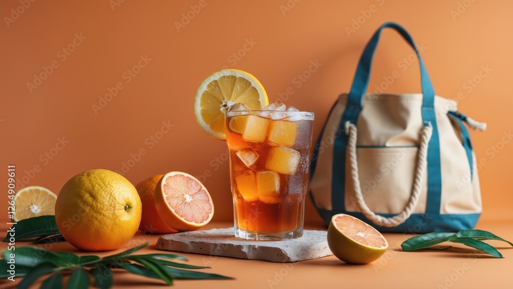 Aufkleber fresh citrus iced tea with lemon slices and oranges on a table next to a tote bag against an orange 