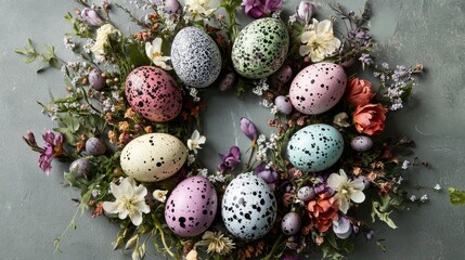 Obraz premium Easter Wreath with Colorful Eggs and Flowers