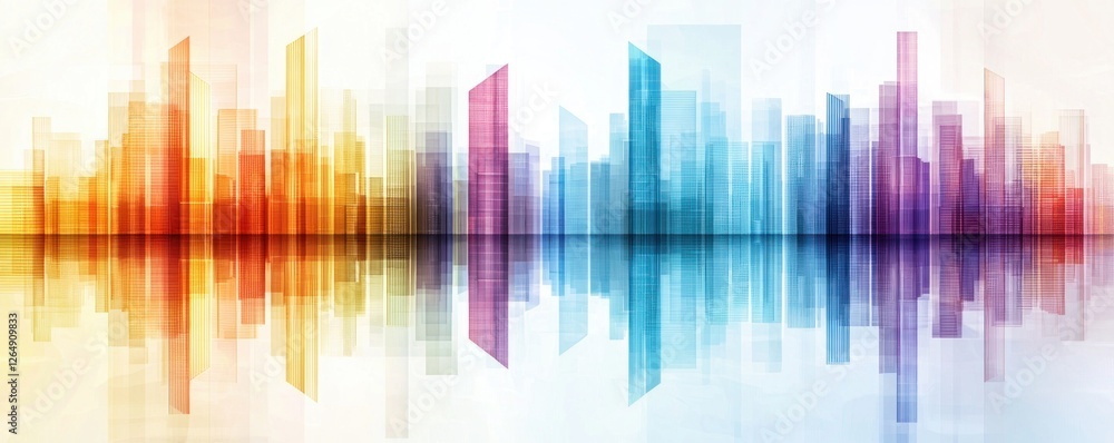 Poster vibrant abstract cityscape with colorful shapes and reflective surface for artistic and modern theme